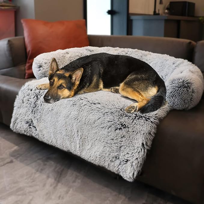 Calming Dogs/Cats Bed Mats, Dog Pad Washable Removable Couch Cover, Plush Long Fur Mat for Pets, Waterproof Lining, Perfect for Small, Medium and Large Dogs and Cats (Gradient Gray, 45"x37")