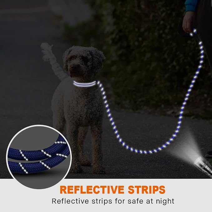 Taglory Rope Dog Leash 6 FT with Comfortable Padded Handle, Highly Reflective Threads Leash and Anti-Tangle Clip for Walking Small Dogs, 3/8 inch, Navyblue