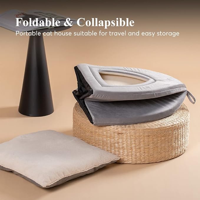 KASENTEX Cat Bed for Indoor Cats, 2-in-1 Cat House Pet Bed and Pet Supplies for Kitten and Small Cat or Dog - Animal Cave, Cat Tent with Removable Machine Washable Pillow Cushion (Grey 15x15x15)