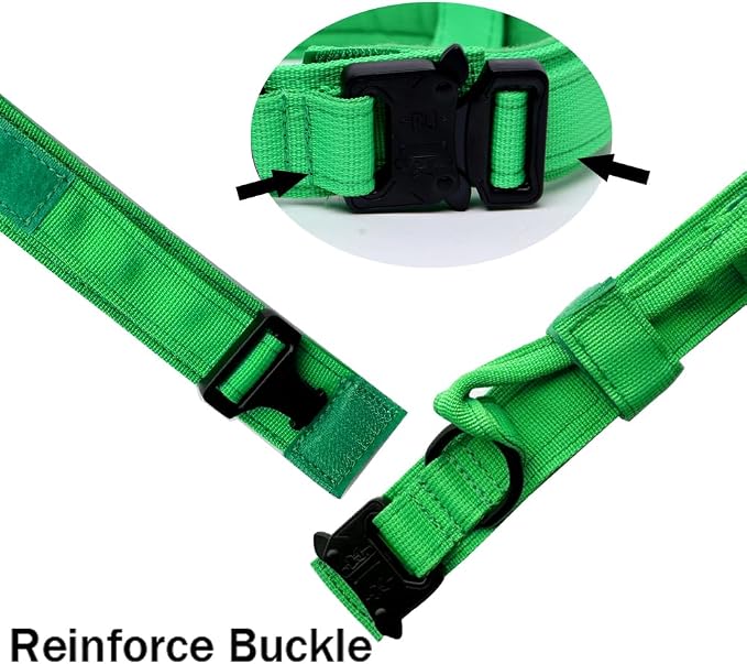 Tactical Dog Collar - Military Dog Collar - Adjustable Nylon - Heavy Duty Metal Buckle with Handle - Bright Green, Medium