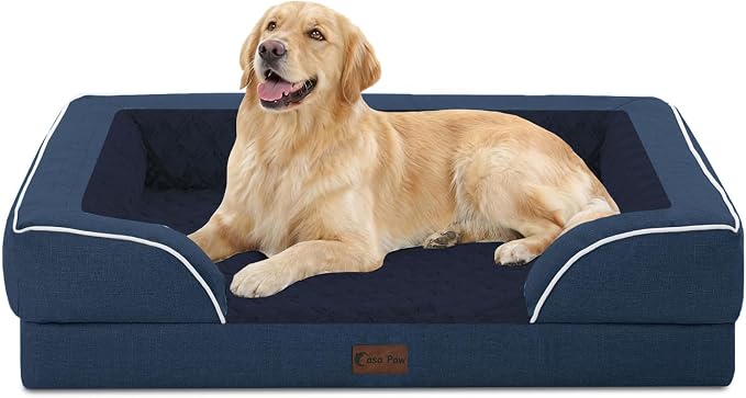 Orthopedic Dog Beds for Large Sized Dogs 36x27 Inch, Waterproof Egg Crate Foam Dog Sofa Bed with Removable Washable Cover Big Pet Couch with Bolster & Non-Slip Bottom, Navy Blue
