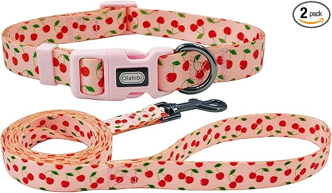 Dog Collar and Leash Set, Cute Cherry Pattern, Polyester Material, 5ft Leash, for Large Dogs.(Large,Pink Cherry)