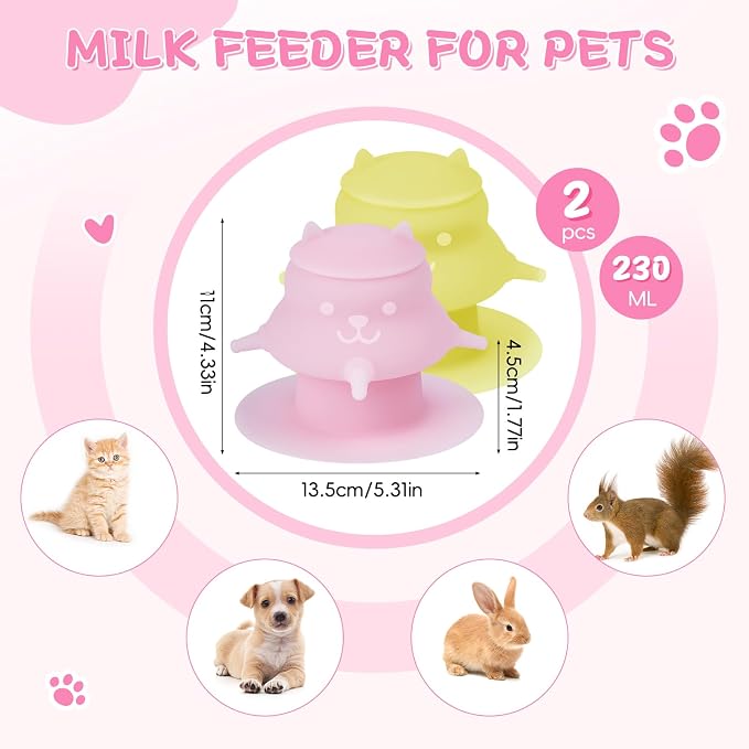 2Pcs Puppy Milk Feeder Nursing Station, Dispenser Food Grade Silicone with 4 Dummy Nipples 230ml Capacity for Newborn Puppies, Rabbits, Kittens (Pink, Yellow)