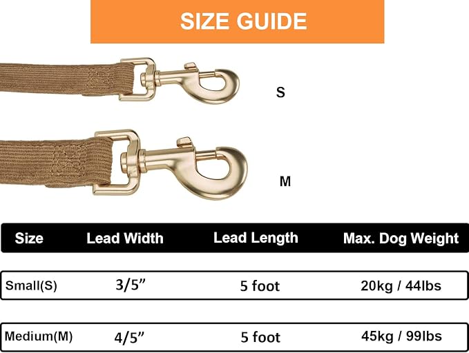 Soft Cotton Dog Leash, 5 Ft Heavy Duty Corduroy Dog Leashes with Gold Metal Hook for Small Medium Large Dogs,Medium,Brwon