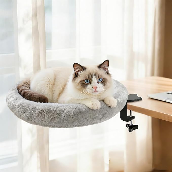 Cat Desk Bed - Ergonomic cat Desk Perch Clamp for Remote Workers - Quality Desktop Suspended Cat's Bed- Rotating Cats Hammock Desk with Removable Cover, Cat Bed Hold UP to 50LBS, Gray