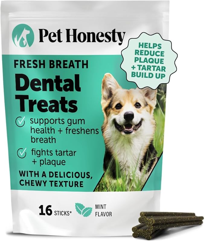 Dog Dental Treats Fresh Breath Sticks - Plaque and Tartar Remover for Dogs Teeth Cleaning Chews for Bright Teeth - Dog Dental Sticks for Oral Care, Gum Health + Bad Breath Treatment (Mint, 16 Ct)