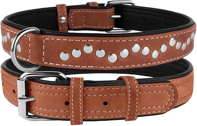 CollarDirect Studded Dog Collar Leather Pet Collars for Dogs Small Medium Large Puppy Soft Padded Brown Black (Brown, Neck fit 20" - 22")