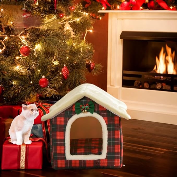 Cat Bed Cave, Cute Christmas Plaid Cat Beds for Indoor Cats, Pet House Cats Tent with Removable Cushion Pillow for Kittens Puppy Small Dogs (Plaid-L(20.4 * 16.9 * 19.6in))