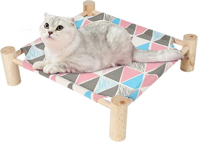 Patas Lague Cat and Dog Hammock Bed for Small Dogs, Brethable Wooden Cat Pet Rabbit Elevated Cooling Outdoor Bed Cots Furniture for Summer Monstera Leaf