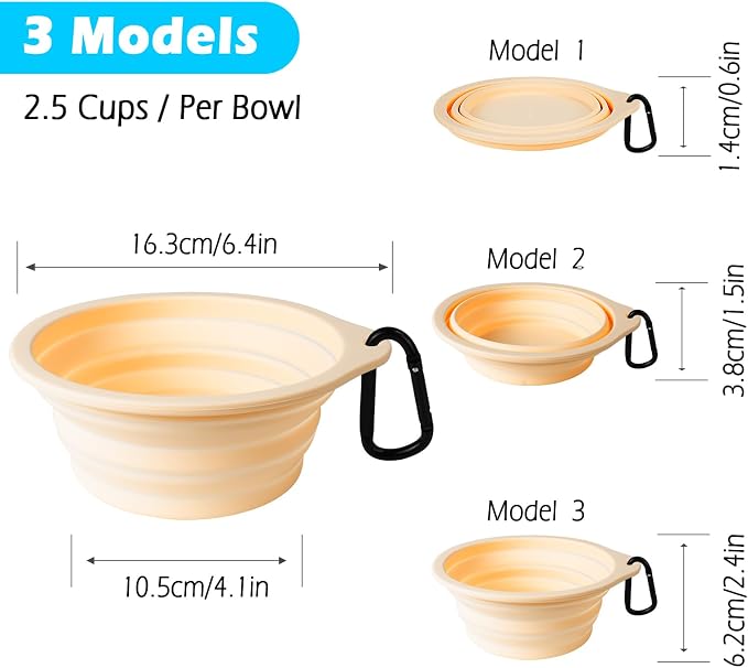 PetBonus 2-Pack Silicone Collapsible Dog Bowls, BPA Free Dishwasher Safe, Portable Foldable Expandable Travel Bowl, Food Water Feeding Cup Dish for Dogs Cats with 2 Carabiners(Light Mint,Beige Cream