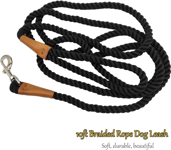 BTINESFUL 3FT/ 5FT/ 10FT Cotton Rope Dog Leash, Strong Braided Dog Leash Soft Handle Pet Traction for Large Medium Dogs Walking, Hiking, Camping, Exploring (1/2" x 10ft, Black)