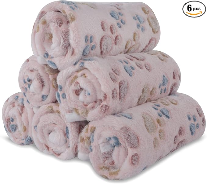 BVAGSS 6 Pack Small Dog Blanket, Super Soft Warm Pet Cover Blankets, Paw Print Puppy Fleece Flannel Blanket for Small Medium Dogs and Cats MW003