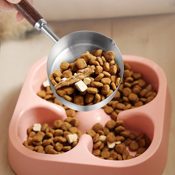 Kichwit Dog Food Scoop, 1 Cup, 304 Stainless Steel Pet Food Scoop Measuring Cup with Wooden Handle (1 Cup)