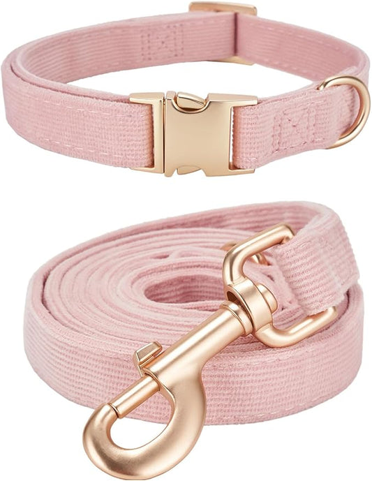 Soft Corduroy Dog Collar and Leash Set Adjustable Durable Dog Collars with Metal Buckle and Lead for Female Large Dogs,Baby Pink