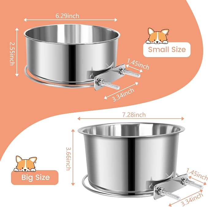 2 Pcs Large Pet Dog Food Water Bowl with Slow Feeder Insert for Cage, Crate Stainless Steel Non-Spill Kennel Hanging Cat Bowls with Clamp Holder for Medium Large Dogs (7.1x3.5'' & 6.3x2.6'')