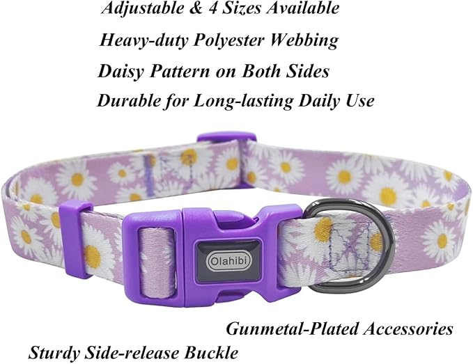 Dog Collar Leash Set, Floral Pattern, Polyester Material, Adjustable Collar and 5ft Matchcing Leash, for Medium Dogs.(M, Light Purple Daisy)