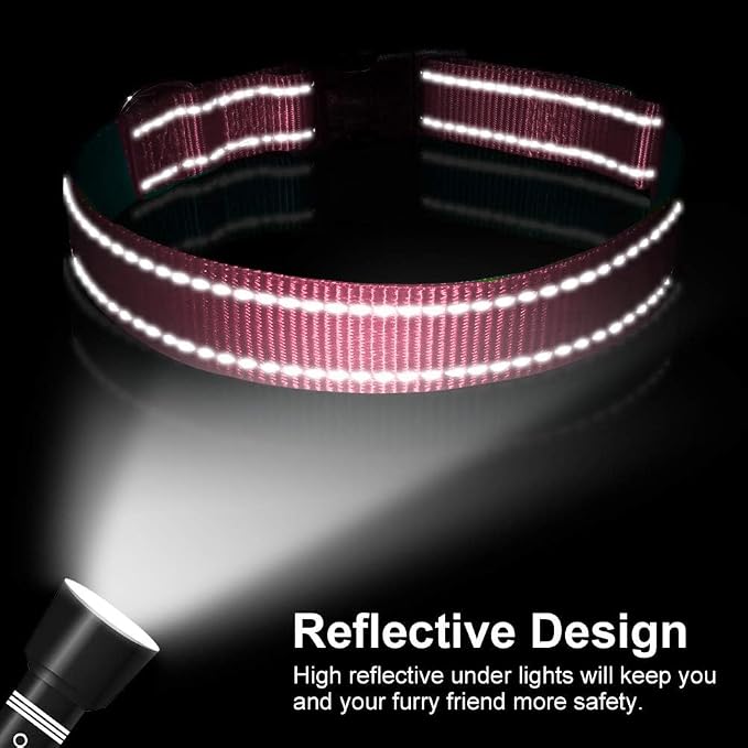 Reflective Dog Collar with Buckle Adjustable Safety Nylon Collars for Small Medium Large Dogs, Light Pink XS