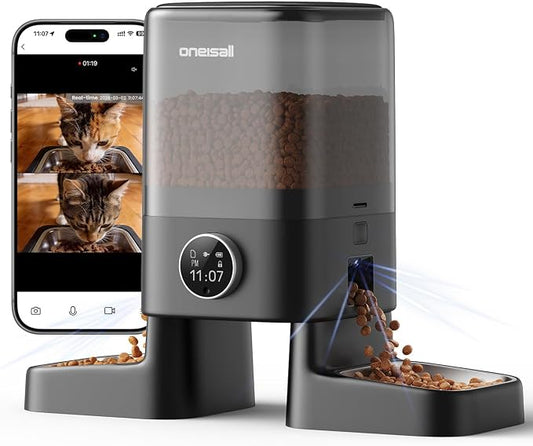 oneisall Automatic Cat Feeder with Camera for 2 Cats, 1080P HD Night Vision, 20 Cups/5L Cat Feeder Automatic, 2-Way Audio, Motion-Activated Alerts, 5G WiFi APP Remote Control Pet Feeder