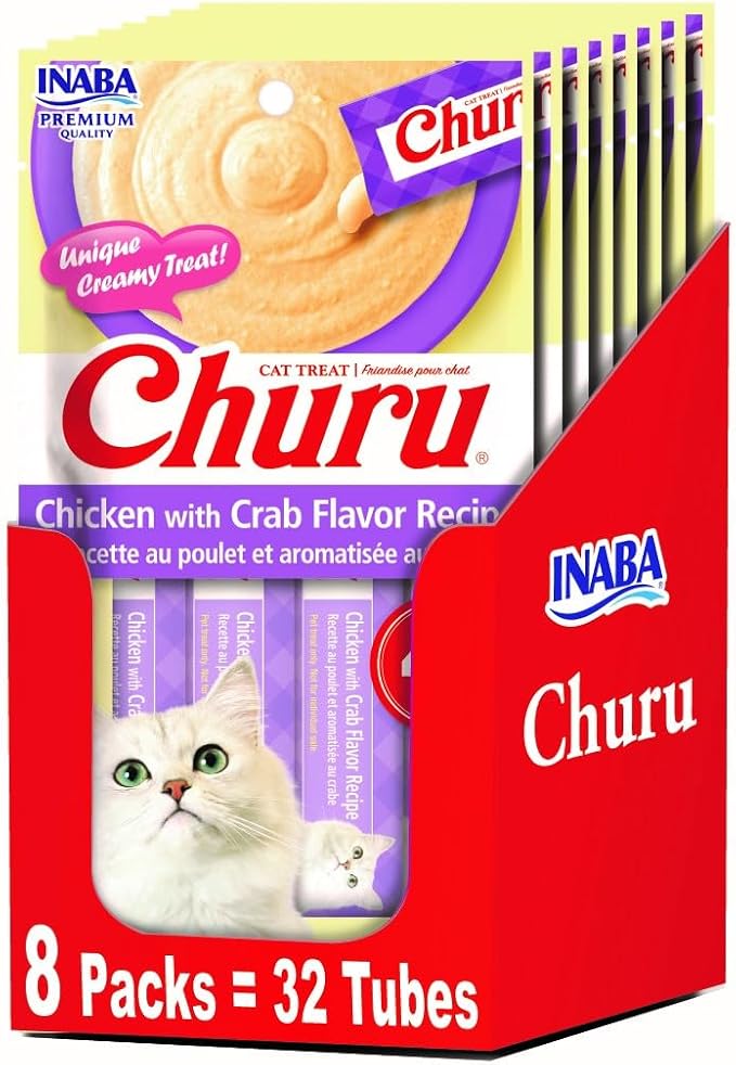 INABA Churu Lickable Purée Natural Cat Treats - Chicken with Crab Flavor (4 Servings per Package, 8 Packages) (32 Tubes)