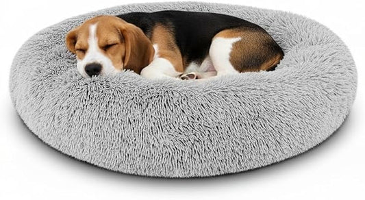 The Dog’s Bed Calming Donut Dog Bed, Plush Faux Fur Round Cuddler Nest – CertiPUR-Certified Foam, One-Piece Design, Raised Bolster – Medium (30"), Silver Grey