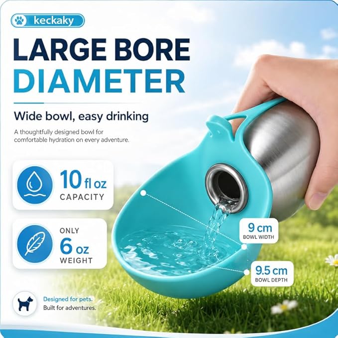 2 in 1 Portable Dog Water Bottle, 2026 New 10oz Spherical Stainless Steel Pet Bottle with Silicone Foldable Bowl, No-Spill Leak-Proof Design, Dog Water Bottle for Walking, Hiking, Travel (Pink+Blue)