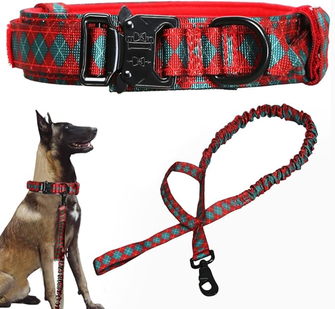 Christmas Tactical Dog Collar and Leash Set Adjustable Nylon Collar Dog Training Collar Leash Set with Control Handleand （Christmas Green XL