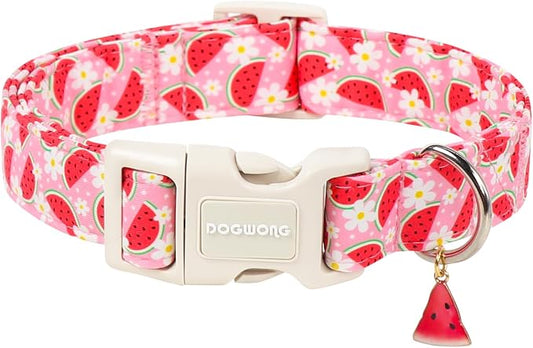Summer Watermelon Dog Collar for Girly Dogs- DOGWONG Spring Summer Girl Pink Flower Pattern Dog Collar, Adjustable Soft Cute Dogs Collars for Small Medium Dogs, XS