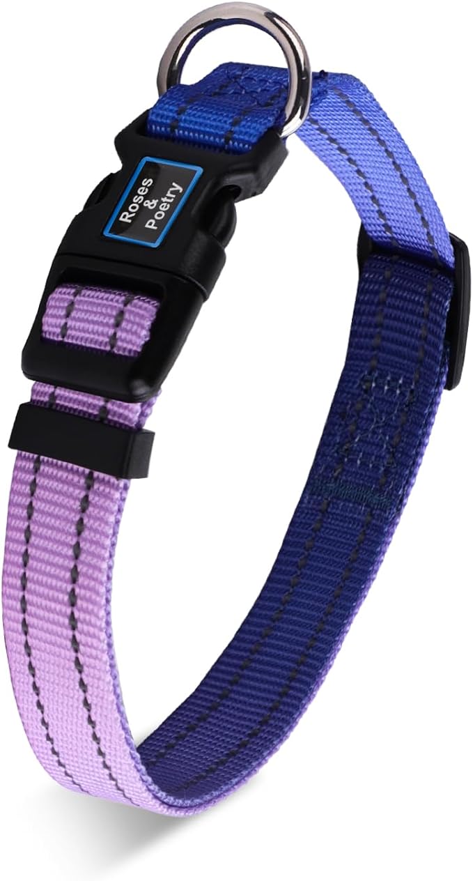 Roses&Poetry Small Dog Collar, Adjustable Reflective Puppy Collars Durable Pet Collars for Small Medium Large Dogs(BluePurple-S)