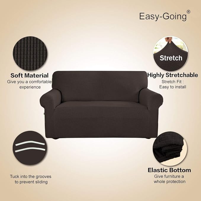 Easy-Going Stretch Loveseat Slipcover 1-Piece Sofa Cover Furniture Protector Couch Soft with Elastic Bottom for Kids Polyester Spandex Jacquard Fabric Small Checks (Loveseat, Chocolate)