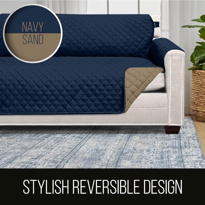Sofa Shield® Couch Slip Covers for Dogs, Reversible Furniture Protector with Strap, Stain and Tear Resistant Cushion Cover, 70 inch Seat, Machine Washable Slipcover Dog Pets, Cats, Navy Sand