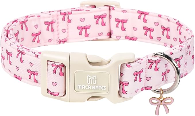 Maca Bates Pink Basic Dog Collar with Sailor Bow Charm for Extra Large Girl Dogs, Girly Cute Heart Bowtie Pattern,Feminine Style,Adjustable Durable Soft Collars Birthday Gift for Female Puppy