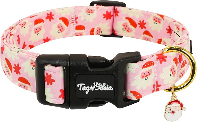 Christmas Dog Collar Medium Dog Collars, Adjustable Pink Dog Collars with Jolly Santa Pattern, Cute Dog Christmas Collar for Dogs, Winter Holiday Dog Collar for Girl Boy Dogs-M