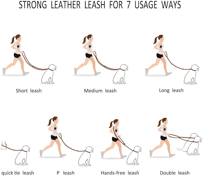 Multi Function 8ft Leather Dog Leash, Genuine Leather Leash Hands Free Dog Training Leashes for Medium and Large Dogs (8 Foot*5/8 inch, Brown)
