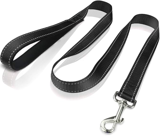 FunTags 4FT Black Reflective Dog Leash for Large & Medium Dogs Training, Soft Padded Handle Comfortable Grip, Heavy Duty Nylon, Reflective for Night Walking, 1in Wide