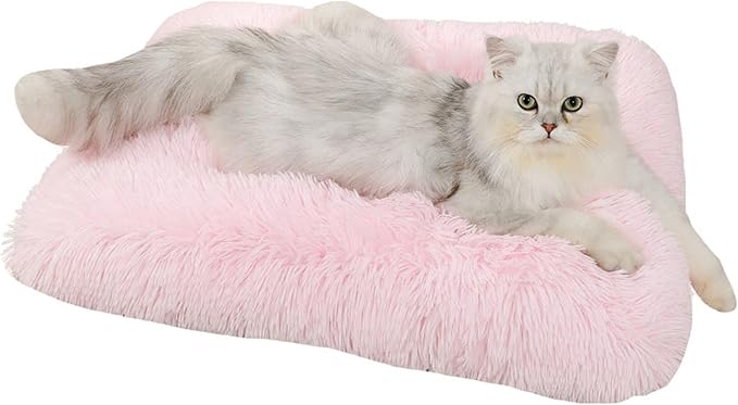 Long Plush Calming Pet Bed Cuddler Pet Bed for Dogs and Cats Fluffy Faux Fur Dog Bed with Anti Slip Bottom Machine Washable Pet Sleep Bed Crate Mat Light Pink 2XL