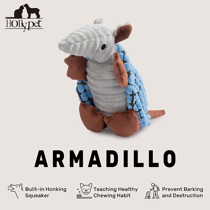 Hollypet Plush Dog Squeaky Toy Stuffed Armadillo Animal Pet Puppy Chew Toys with Clean Teeth for Small Medium Large All Breed Sizes Dogs, Sea Foam, 8 in