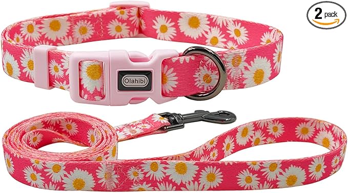 Dog Collar and Leash Set, Cute Pink Daisy Pattern, Polyester Material, 5ft Leash, for Puppy Dogs.(Extra Small, Pink Daisy)
