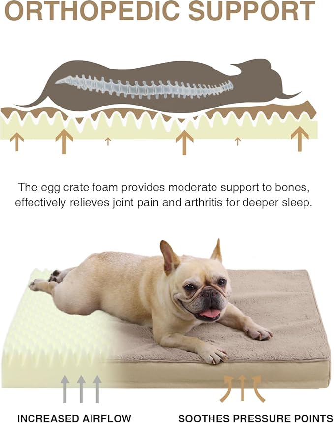 KSIIA Orthopedic Dog Bed Crate Waterproof Pet Mats for Medium Dogs Deluxe Plush Washable Pet Bed with Egg Crate Foam & Removable Cover, 29 x 18 Inch, Khaki