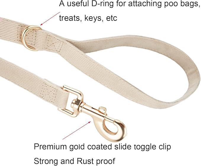 Soft Corduroy Dog Collar and Leash Set Adjustable Durable Wedding Dog Collars with Metal Buckle and Lead for Medium Dogs,Beige