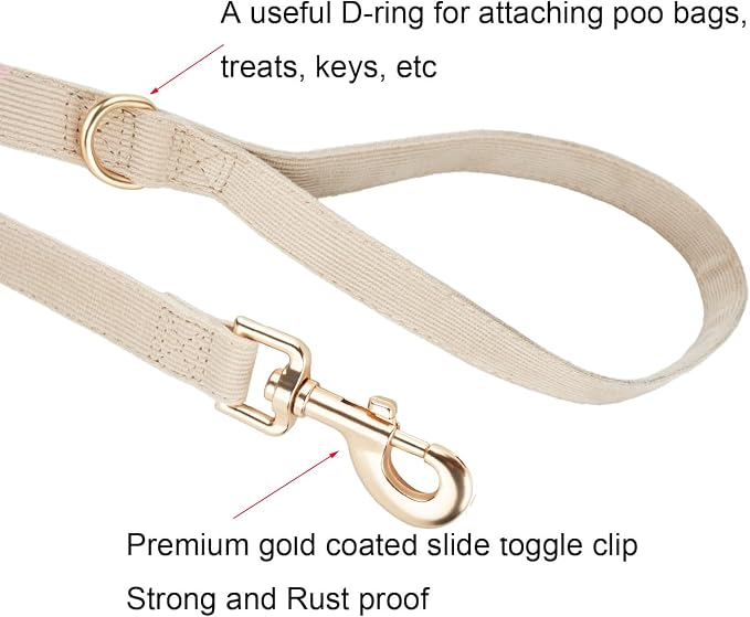 Soft Corduroy Dog Collar and Leash Set Adjustable Durable Wedding Dog Collars with Metal Buckle and Lead for Large Dogs,Beige