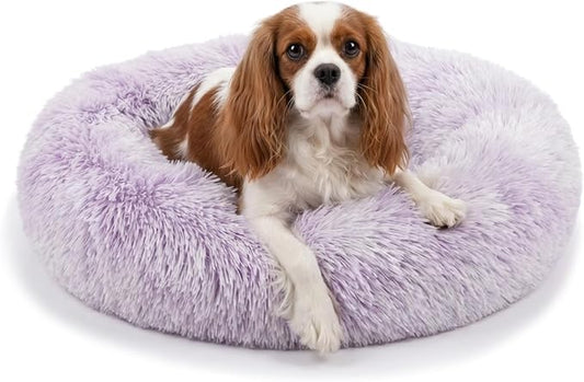 Calming Dog Bed for Medium Dogs Washable Donut 30 inches Anti-Slip Pet Bed,Round Fluffy Plush Faux Fur Cat Bed,Fits up to 45 lbs Pets,Gradient Purple