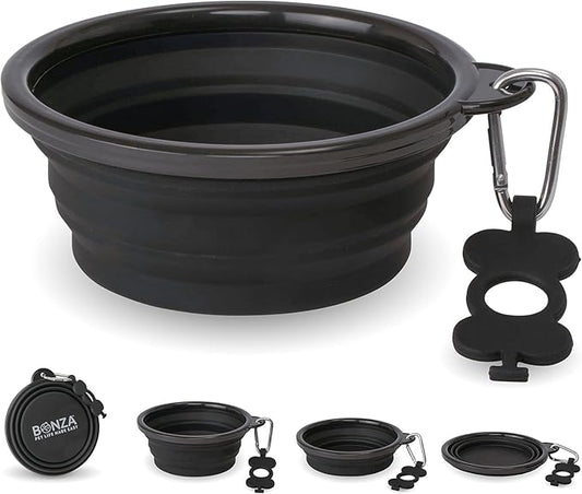 Bonza Collapsible Dog Bowls - Small 12 oz, Dog Travel Accessories, Silicone Portable Dogs Bowl & Water Dish with Reinforced Rim & Carabiner for Hiking, Camping, and Car Trips, Black