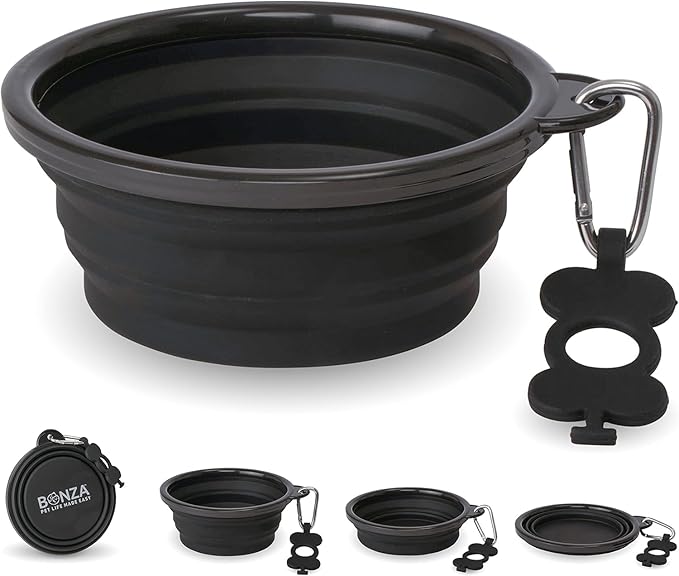 Bonza Collapsible Dog Bowls - Medium 25 oz, Dog Travel Accessories, Silicone Portable Dogs Bowl & Water Dish with Reinforced Rim & Carabiner for Hiking, Camping, and Car Trips, Black