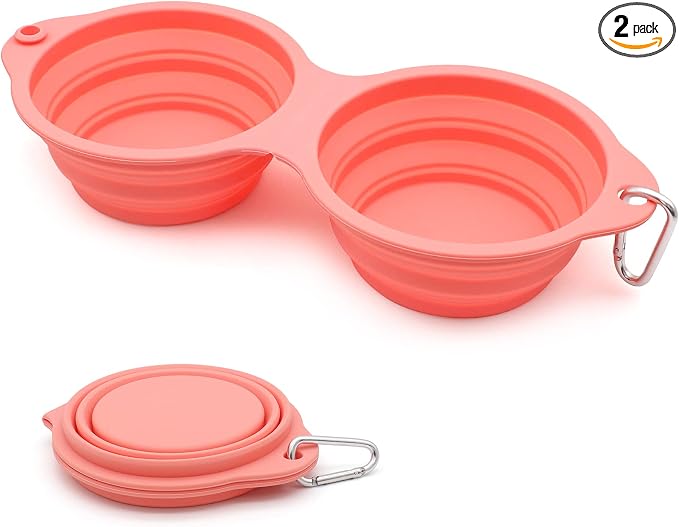 SLSON Collapsible Dog Bowls,Integrated Molding Dog Double Bowl No Plastic Rim 2 in 1 Foldable Pet Food & Water Bowl Cat Feeder Dish for Walking,Hiking,Camping (Coral Pink)