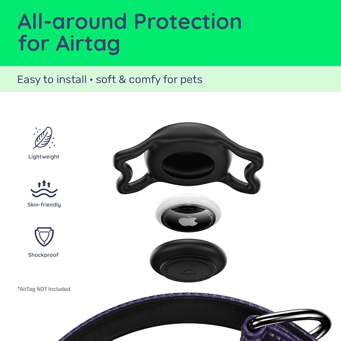Airtag Dog Collar, Reflective Ultra-Durable Nylon Padded with QR Code Buckle & IP68 Waterproof Air Tag Holder Compatible for Apple AirTag, Comfortable for Small Medium Large Dogs(Purple,S)