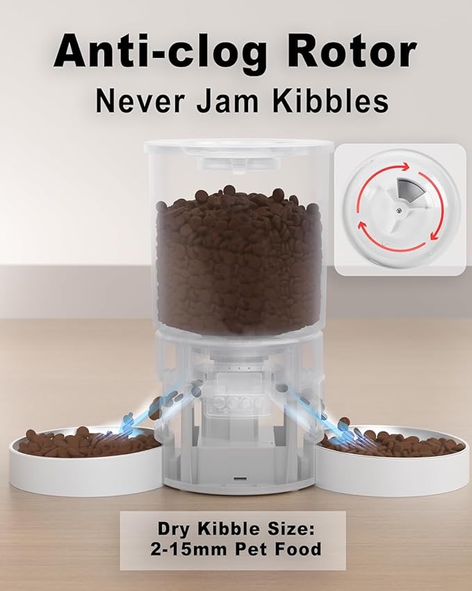 Dual Automatic Cat Feeder 2 Cats, 4.2L Dry Food Auto Dispenser with Double Stainless Steel Bowls,Dual Power Supply,Programmable Portion Control,10s Voice Recorder (Transparent White)