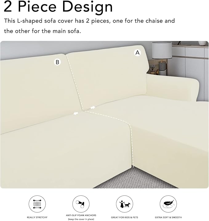 PureFit Super Stretch Sectional Couch Covers, polyester & spandex, Non Slip - 2 pcs Covers with Elastic Bottom for L Shape Sofa, Great for Kids & Pets (3 Seat Sofa + 3 Seat Chaise, Ivory)