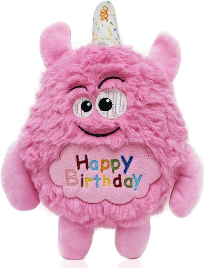 Plush Dog Birthday Toy for Girl Boy Gifts, Crinkle Squeaky Dog Toy Keep Them Busy Tug of War Stuffed Dog Chew Toy for Small Medium Large Dogs (Pink)