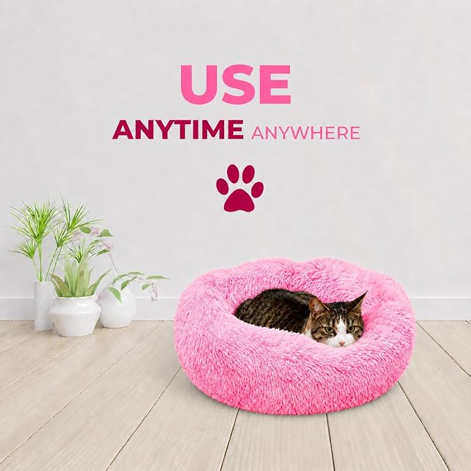 Whiskers & Friends Cat Beds for Indoor Cats, Fluffy Calming Donut Cat Bed, Small Dog Bed Washable - Orthopedic Soft Plush Pet Beds Sized for Kitten to Large Cats & Puppy to Small Dogs - Gradient Pink