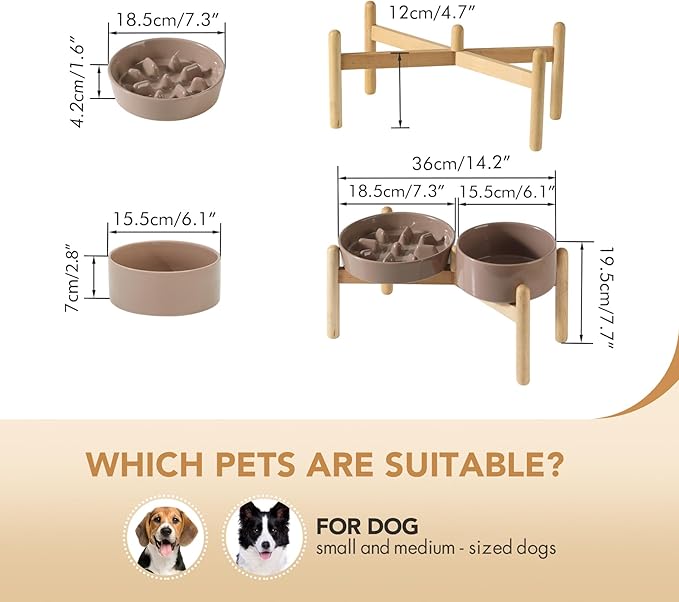 Havniva 7.3” Raised Slow Feeder Dog Bowls Set, 1.2 Cups Ceramic Slow Feeder Dog Bowl and 6.1” Dog Water Bowl with Elevated Wooden Stand Puzzle Dog Food Bowl for Small Dogs Anti-Gulping & Anti-Choking